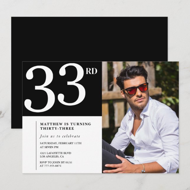 33rd birthday invitation Photo Black White Men (Front/Back)