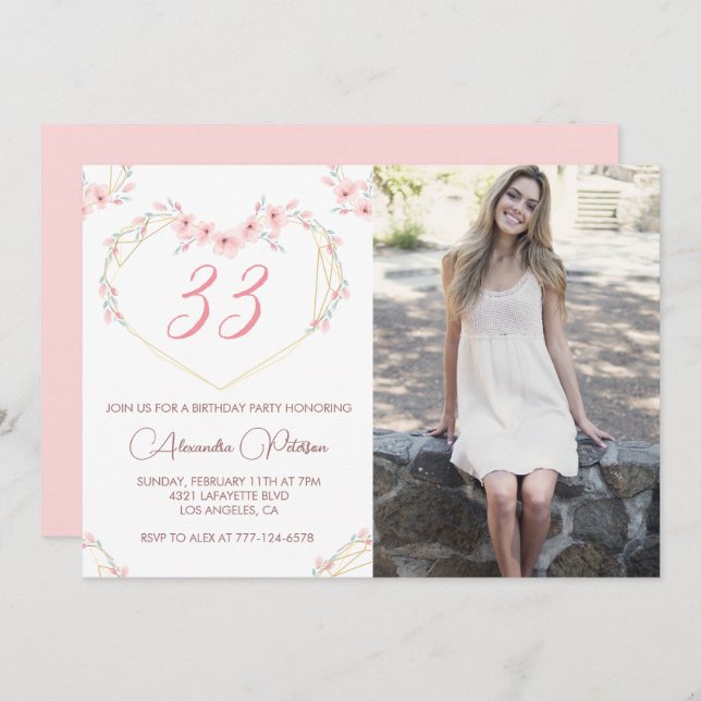 33rd birthday invitation Photo Elegant Boho (Front/Back)