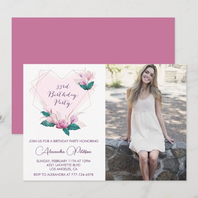 33rd birthday invitation Photo Elegant Flower (Front/Back)