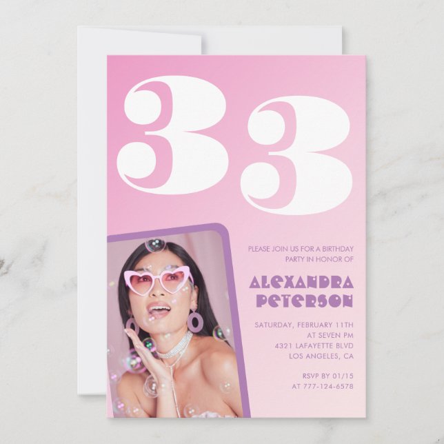 33rd birthday invitation Retro Pink Photo (Front)