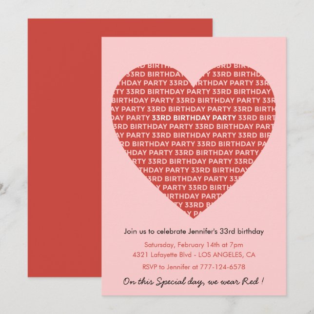 33rd birthday invitation typography Red Pink (Front/Back)