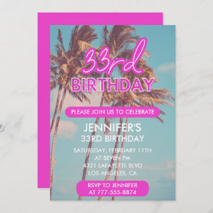 33rd birthday invitations pink neon glow