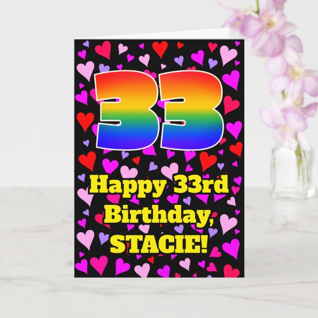 33rd Birthday: Loving Hearts Pattern, Rainbow # 33 Card (Orchid)