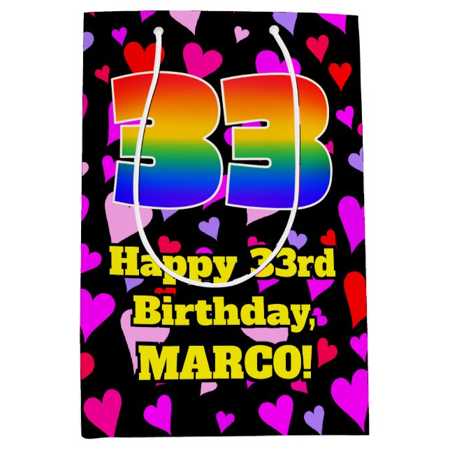 33rd Birthday: Loving Hearts Pattern, Rainbow # 33 Medium Gift Bag (Front)