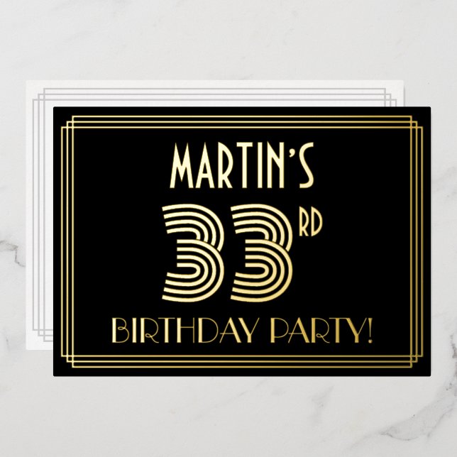 33rd Birthday Party — Art Deco Style “33” + Name Foil Invitation (Front/Back)