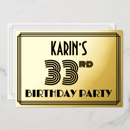 33rd Birthday Party  Art Deco Style 33  Name Foil Invitation