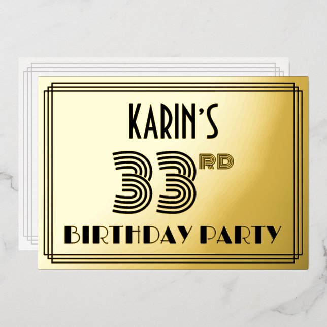 33rd Birthday Party — Art Deco Style “33” & Name Foil Invitation (Front/Back)