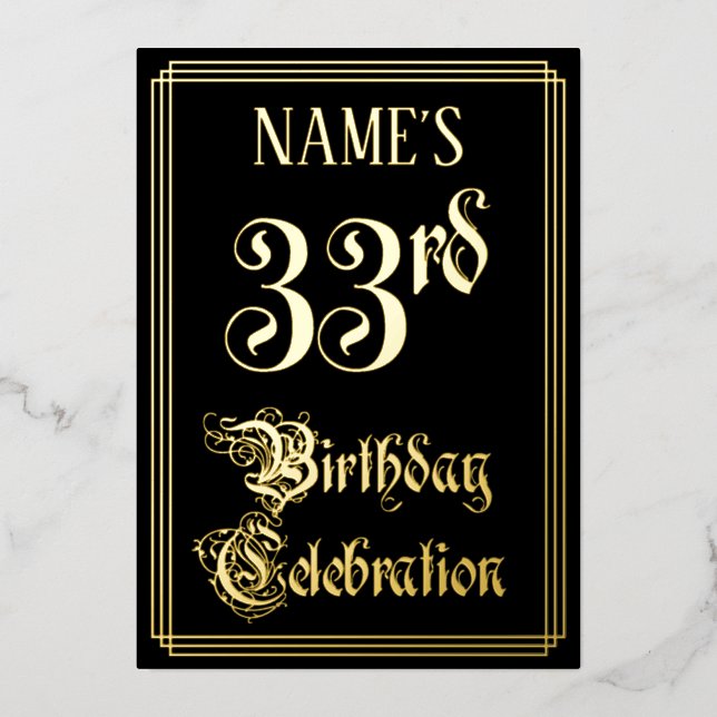 33rd Birthday Party — Fancy Script & Custom Name Foil Invitation (Front)