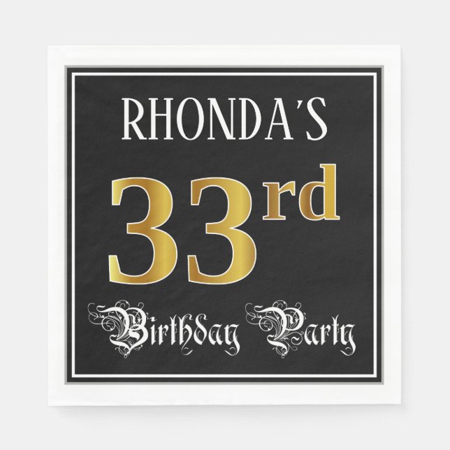 33rd Birthday Party — Fancy Script, Faux Gold Look Napkins (Front)