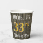 [ Thumbnail: 33rd Birthday Party — Faux Gold & Faux Wood Looks Paper Cups ]