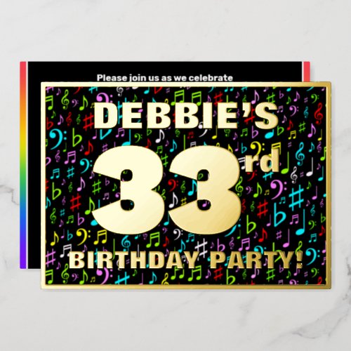 33rd Birthday Party  Fun Colorful Music Symbols Foil Invitation