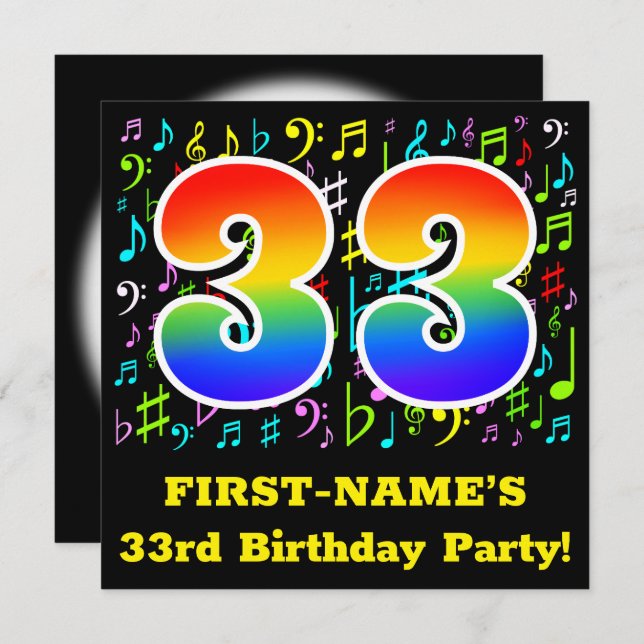 33rd Birthday Party: Fun Music Symbols, Rainbow 33 Invitation (Front/Back)