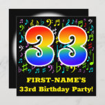 [ Thumbnail: 33rd Birthday Party: Fun Music Symbols, Rainbow 33 Invitation ]
