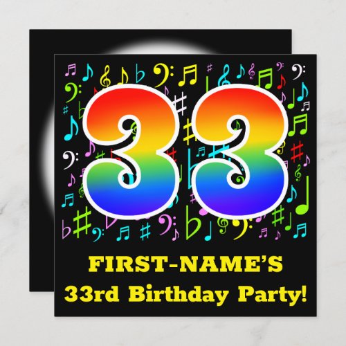 33rd Birthday Party Fun Music Symbols Rainbow 33 Invitation
