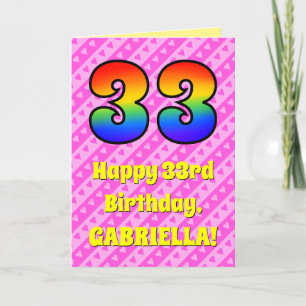 33rd Birthday: Pink Stripes & Hearts, Rainbow # 33 Card