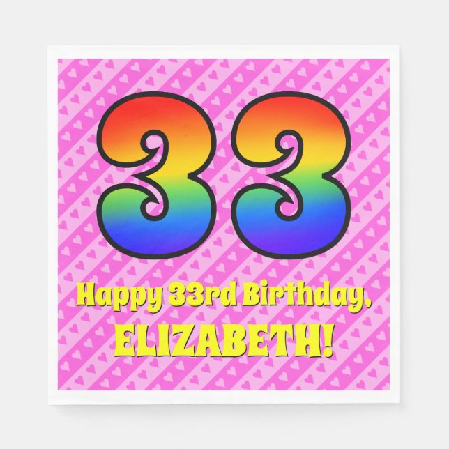 33rd Birthday: Pink Stripes & Hearts, Rainbow # 33 Napkins (Front)