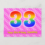 [ Thumbnail: 33rd Birthday: Pink Stripes & Hearts, Rainbow 33 Postcard ]