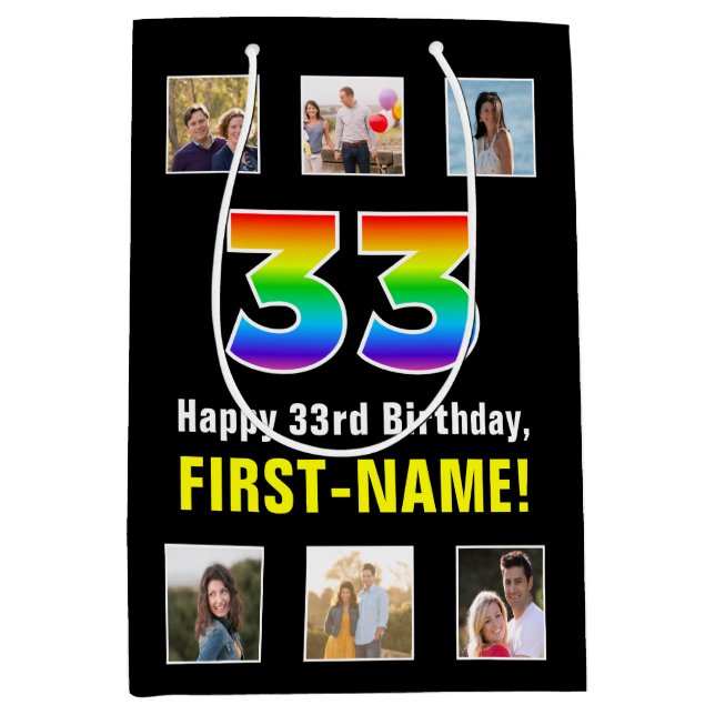 33rd Birthday: Rainbow “33“, Custom Photos & Name Medium Gift Bag (Front)