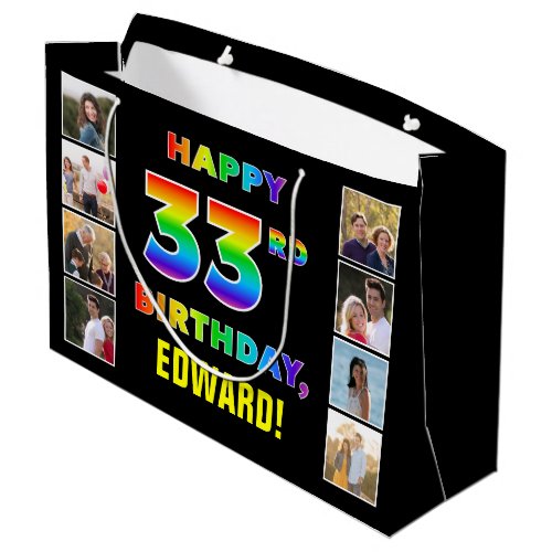 33rd Birthday Rainbow Text Custom Photos  Name Large Gift Bag