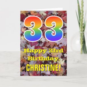 33rd Birthday; Rustic Autumn Leaves; Rainbow "33" Card