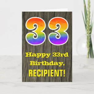 33rd Birthday: Rustic Faux Wood Look, Rainbow "33" Card