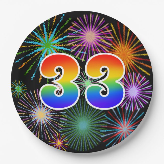 33rd Event - Fun, Colorful, Bold, Rainbow 33 Paper Plates (Front)