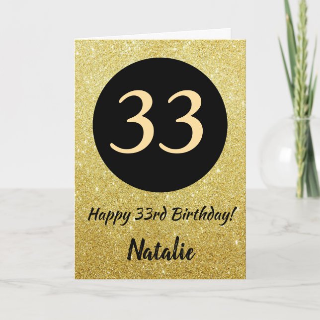 33rd Happy Birthday Black and Gold Glitter Card (Front)