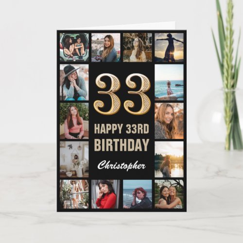 33rd Happy Birthday Black and Gold Photo Collage Card