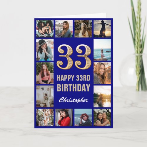 33rd Happy Birthday Navy Blue  Gold Photo Collage Card