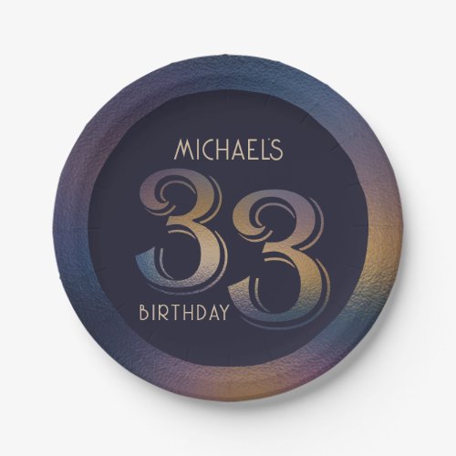 33th modern dark purple and gold birthday paper plates