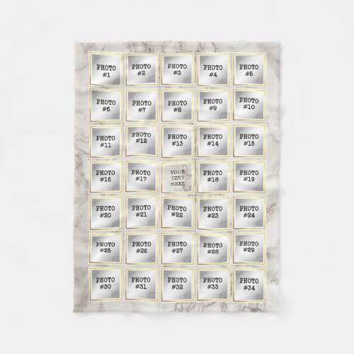 34 Photo Collage White and Gold Frame on Marble Fleece Blanket