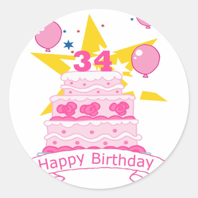 34 Year Old Birthday Cake Classic Round Sticker (Front)
