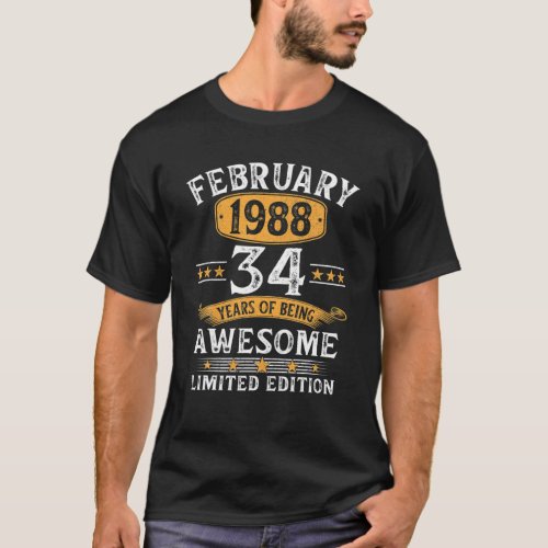 34 Years Old Retro Vintage 1988 February 1988 34Th T_Shirt