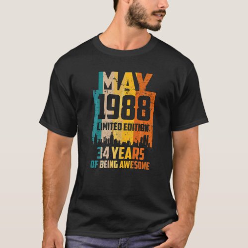 34th Birthday 34 Years Awesome Since May 1988 Vint T_Shirt