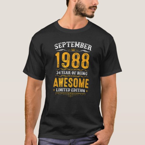 34th Birthday  34 Years Old Awesome Since Septembe T_Shirt