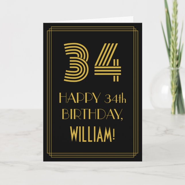 34th Birthday: Art Deco Inspired Look "34" & Name Card (Front)