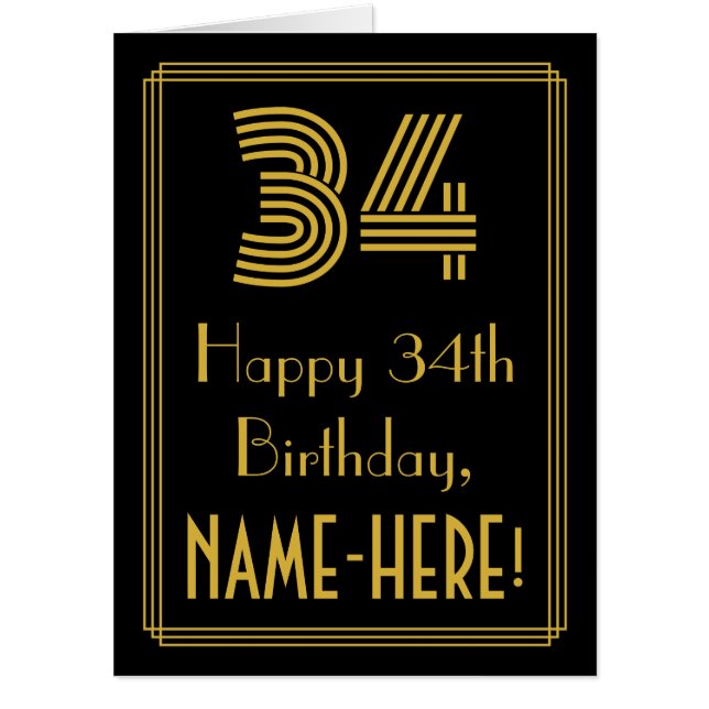 34th Birthday: Art Deco Inspired Look “34” + Name Card (Front)