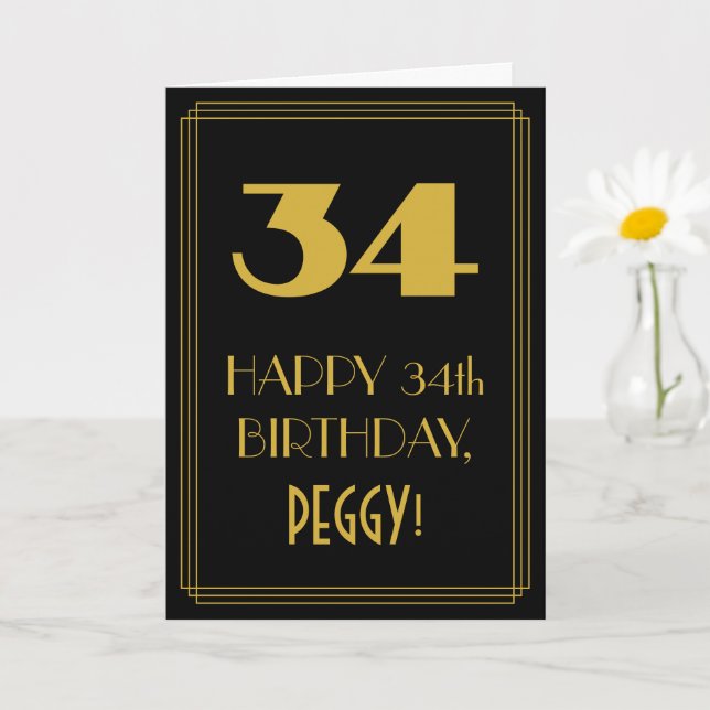 34th Birthday – Art Deco Inspired Look "34" & Name Card (Small Plant)
