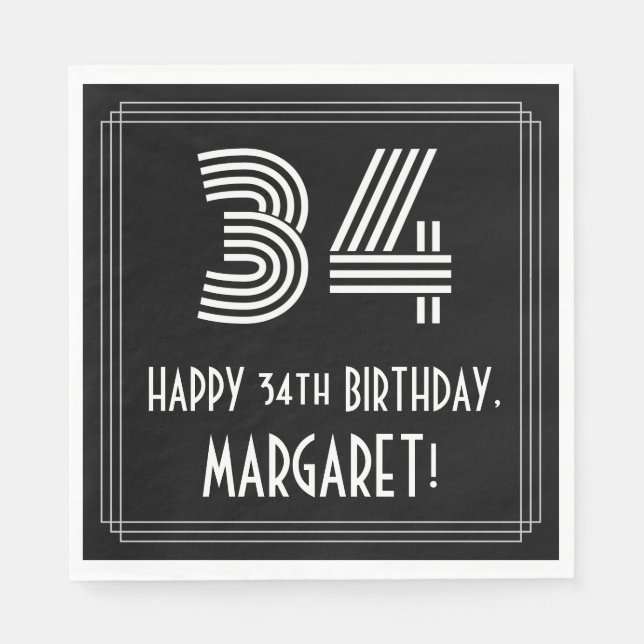 34th Birthday: Art Deco Inspired Look "34" + Name Napkins (Front)
