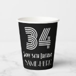 [ Thumbnail: 34th Birthday — Art Deco Inspired Look “34” + Name Paper Cups ]