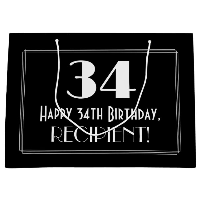 34th Birthday: Art Deco Inspired Style "34", Name Large Gift Bag (Front)