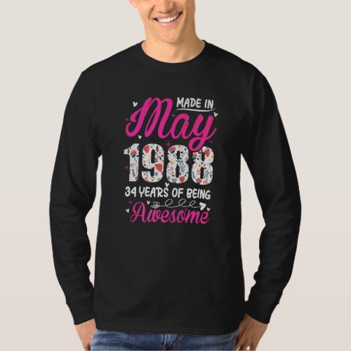 34th Birthday Awesome Since May 1988 Floral T_Shirt