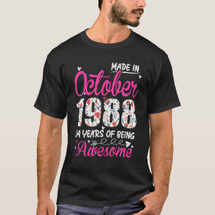 34th Birthday Awesome Since October 1988 Floral T-Shirt