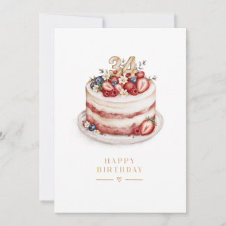 34th Birthday Berry Cake Watercolor | Happy Birthd Card