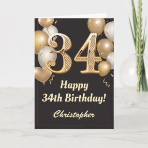 34th Birthday Black and Gold Balloons Confetti Card