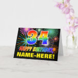 [ Thumbnail: 34th Birthday: Bold, Fun, Fireworks, Rainbow 34 Card ]