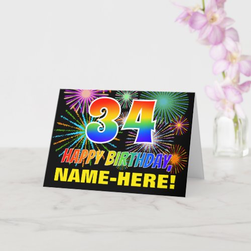 34th Birthday Bold Fun Fireworks Rainbow 34 Card