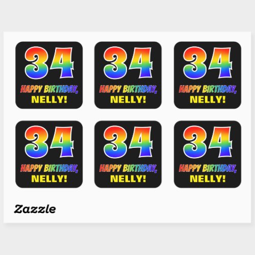 34th Birthday Bold Fun Simple Rainbow 34 Square Sticker