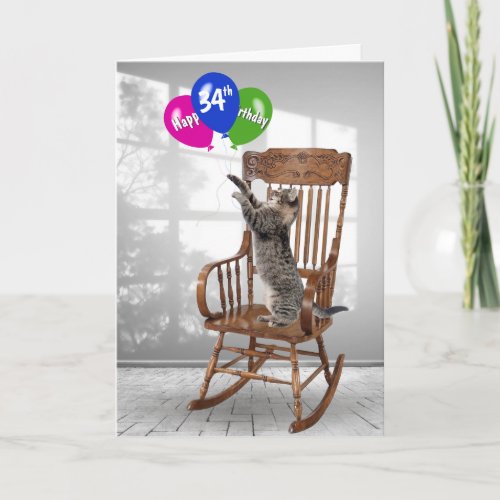 34th Birthday Cat With Balloons Card
