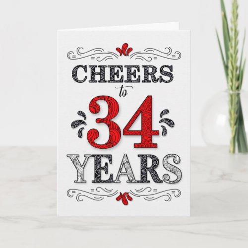 34th Birthday Cheers in Red White Black Pattern Card